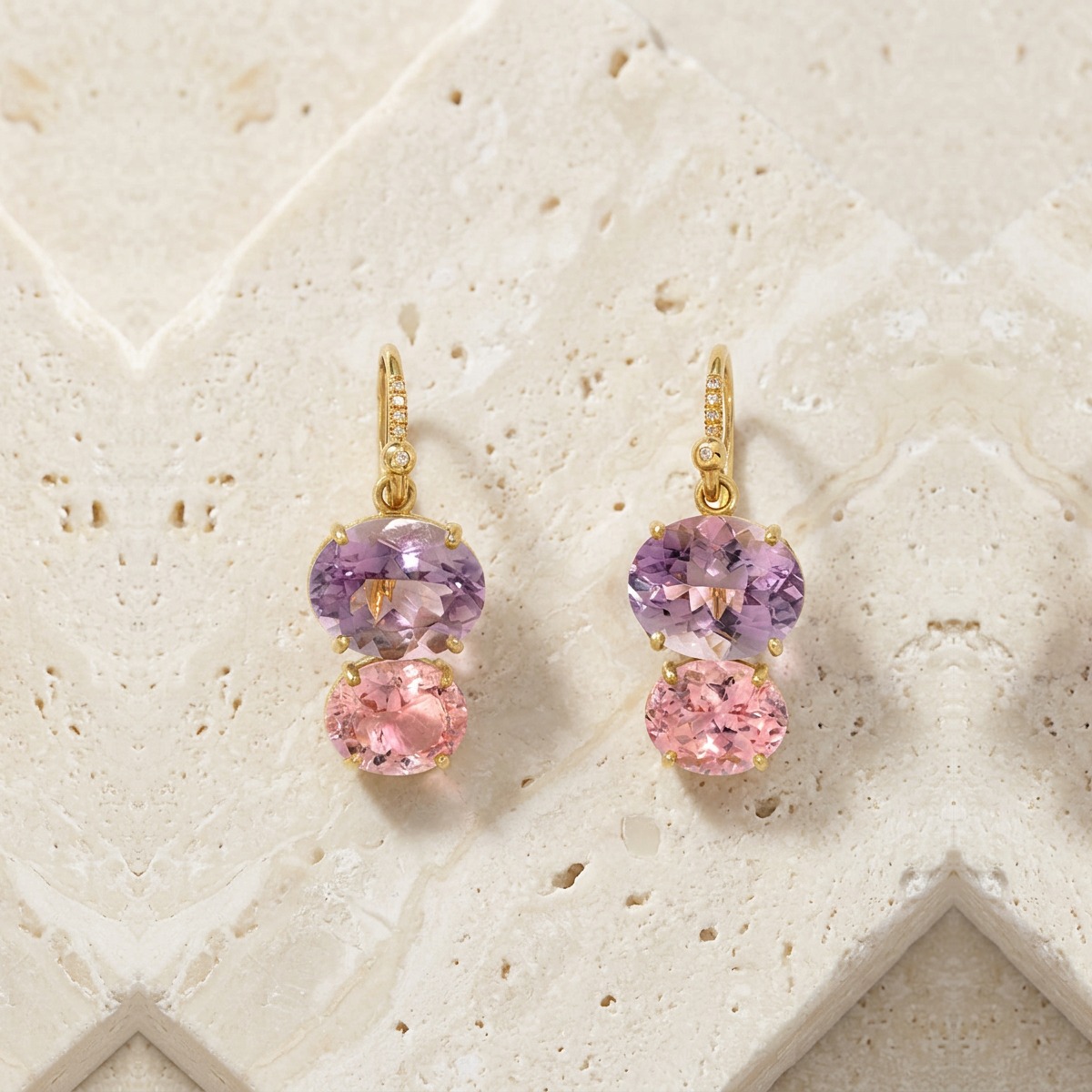 Gemmy Gem Rose of France & Pink Tourmaline Yellow Gold Earrings by YLANG23